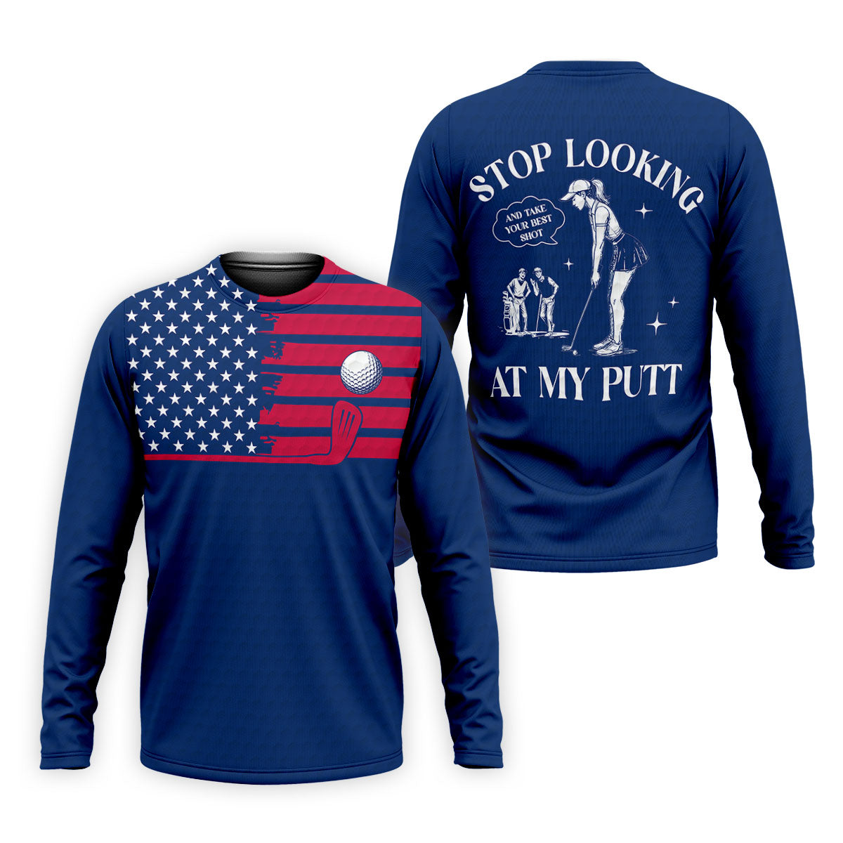 Stop Looking At My Putt US Flag Pattern Funny Golf Shirt, 250 Years 4th Of July Patriotic Golf Shirts For Men