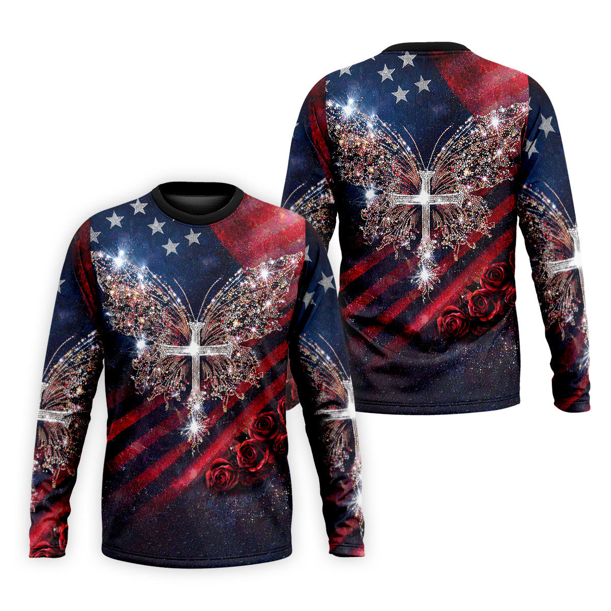 Vintage Faith Rhinestone Butterfly American Flag Golf Shirt, 250 Years Patriotic 4th Of July Golf Shirts For Men