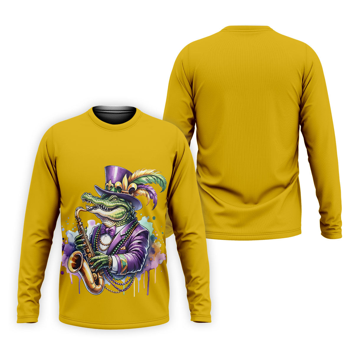 Mardi Gras Alligator Playing Saxophone Yellow Golf Shirt, Golf Shirts For Men, Polo ShirtFor Men