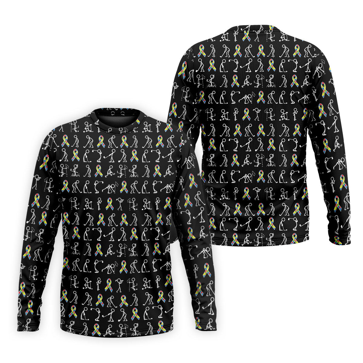 Stick Figure Golf Pose Autism Ribbon Black Golf Shirt, Autism Awareness Colors Golf Shirts For Men