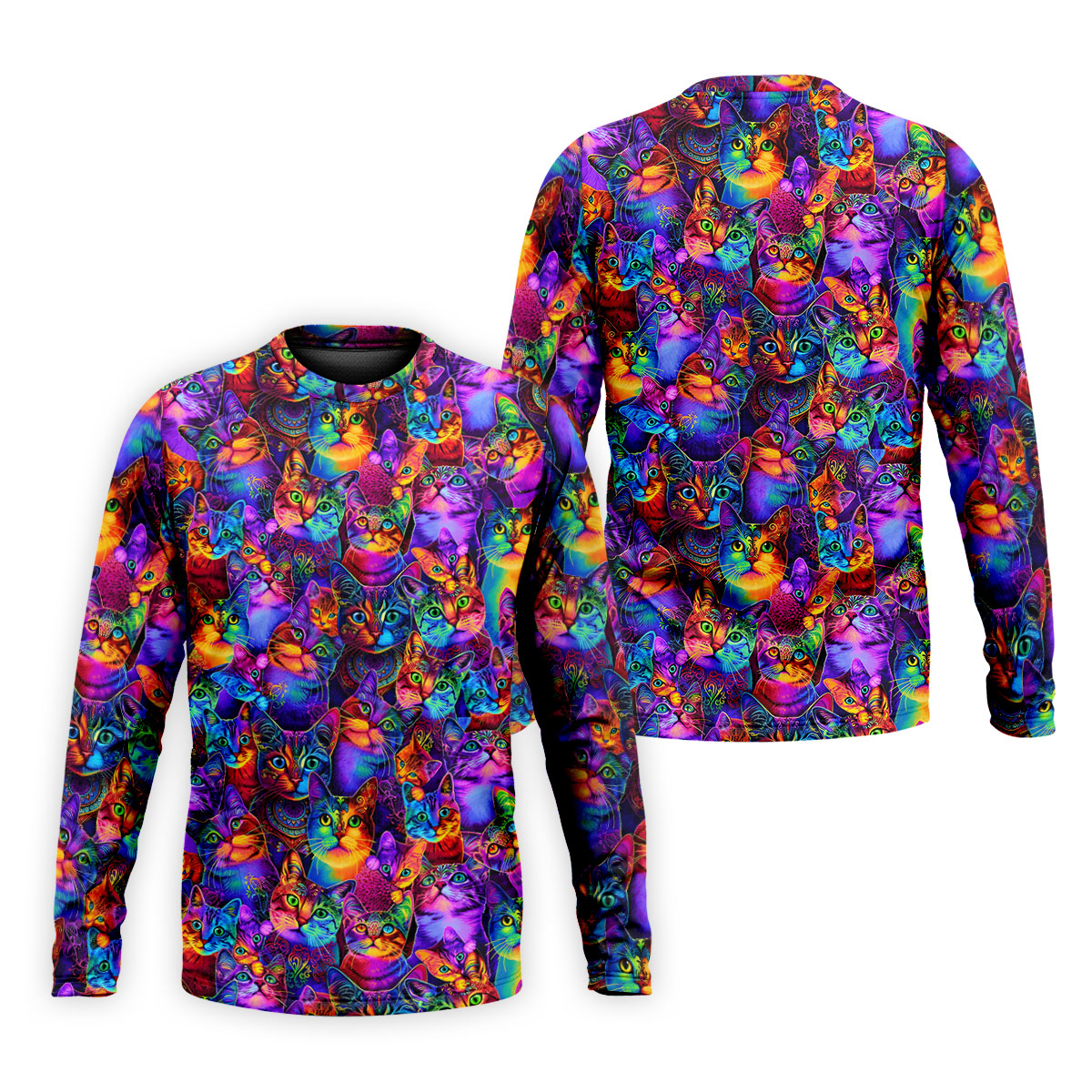 Psychedelic Cat Golf Shirt, Colorful Neon Cat Pattern, Polo Shirts For Men