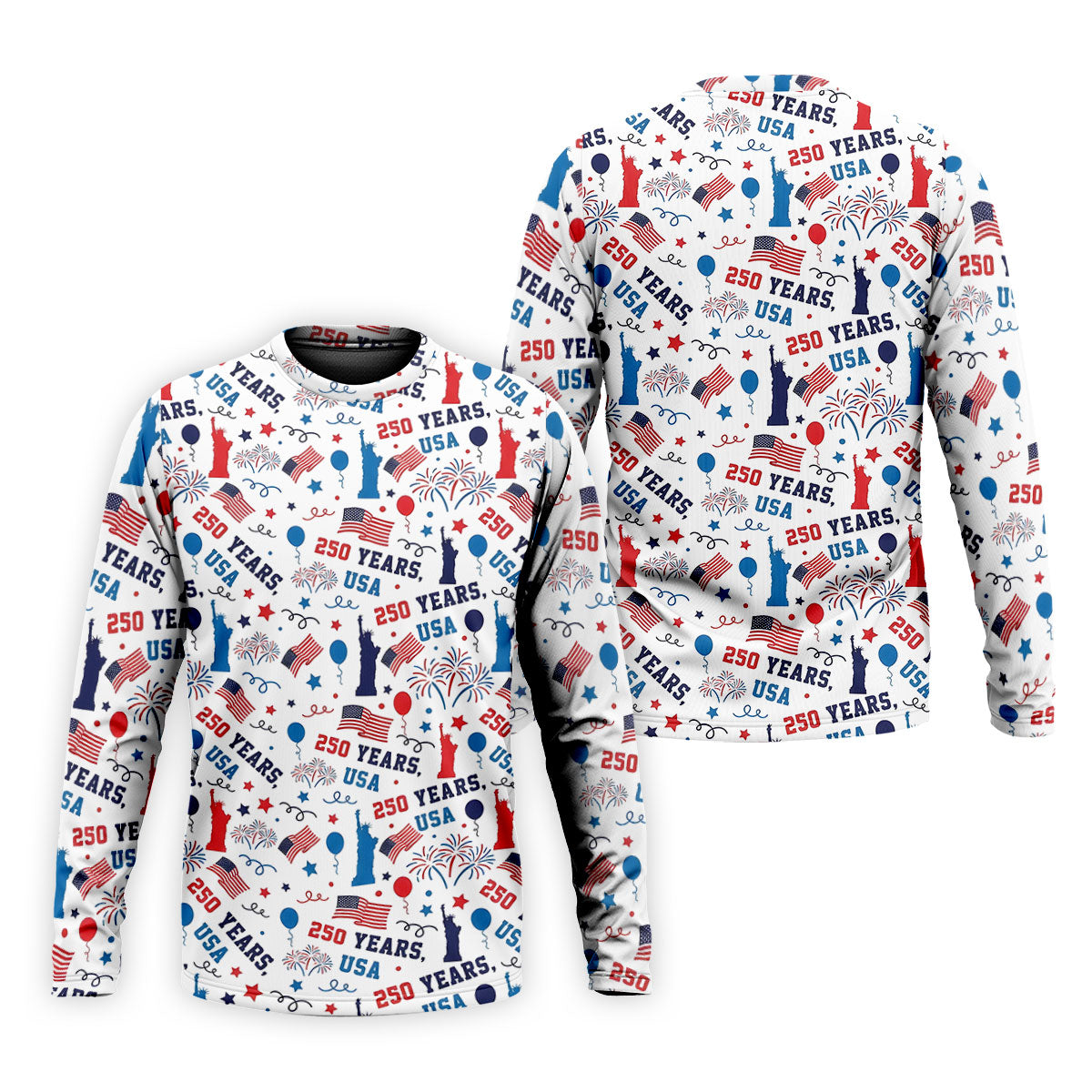 250 Years USA Red White Blue Seamless Pattern White Golf Shirt, Patriotic 4th Of July Golf Shirts For Men