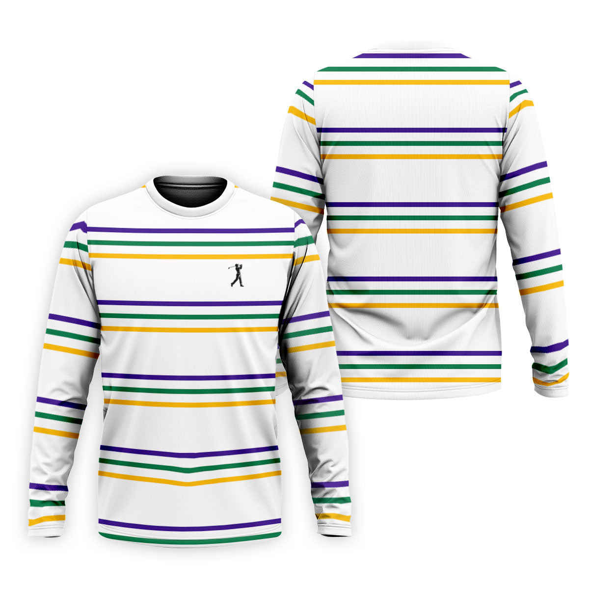Mardi Gras Purple Green Gold Stripe Pattern Golf Tops For Men, Men's White Polo, Golf Shirts For Men