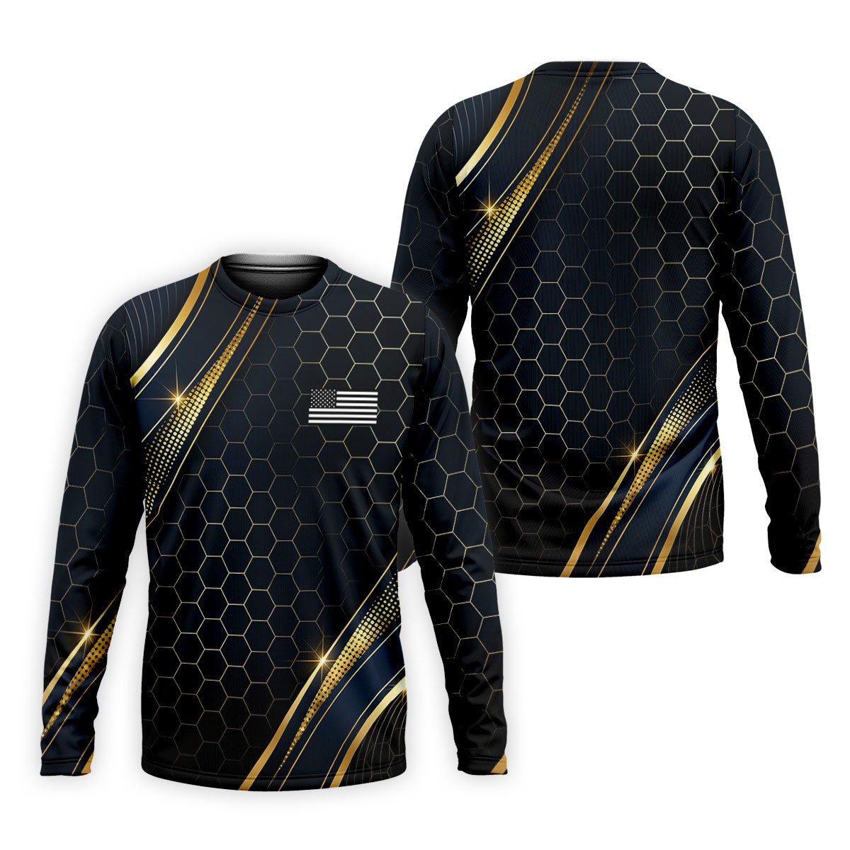 Gold Hexagonal US Flag Logo Retro Golf Shirt, 250 Years Patriotic 4th Of July Golf Shirts For Men