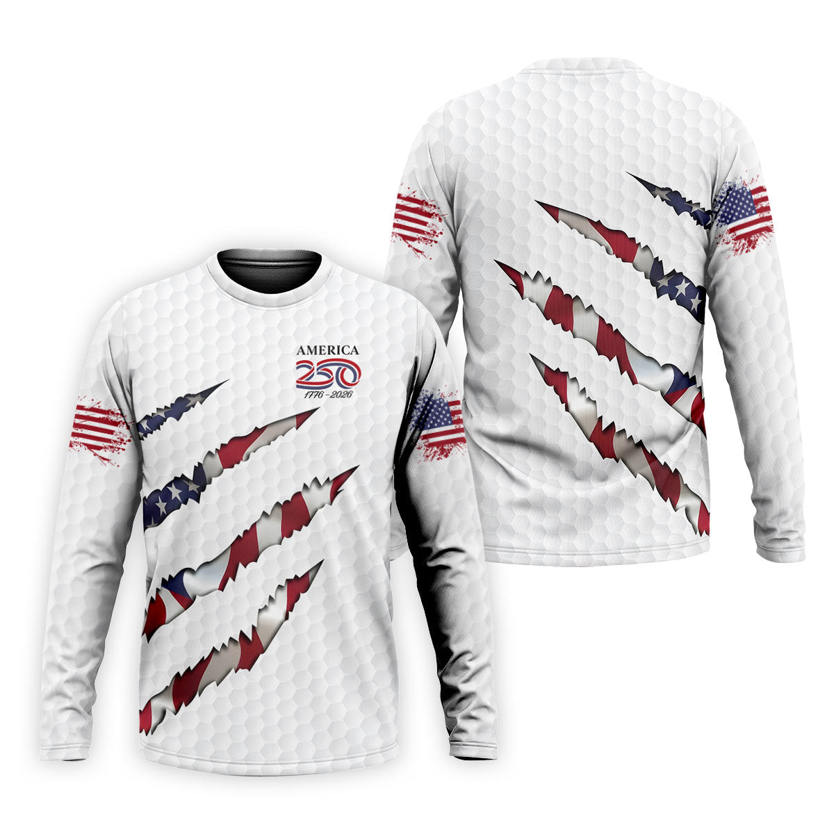 America 250 1776-2026 Scratched Flag Golf Ball Pattern White Golf Shirt, Patriotic 4th Of July Golf Shirts For Men