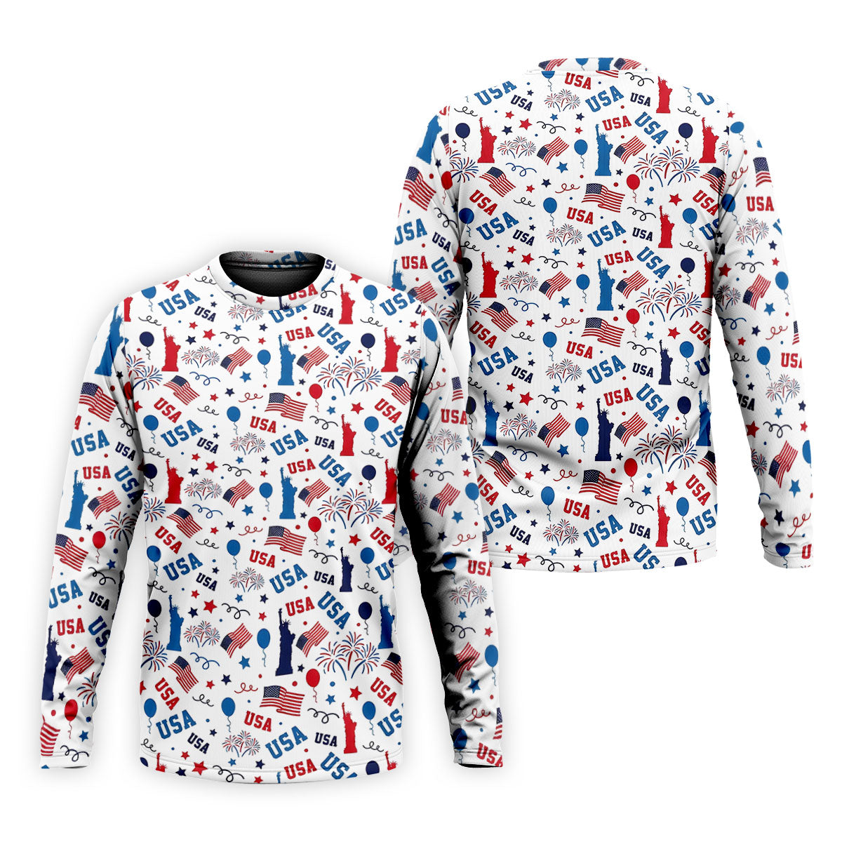 USA Red White Blue Seamless Pattern White Golf Shirt, 250th Anniversary Patriotic 4th Of July Golf Shirts For Men