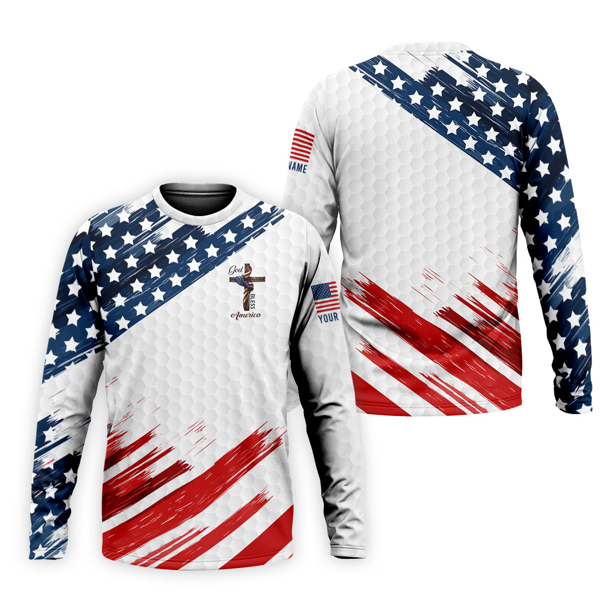 God Bless America Faith Cross US Flag Brush White Golf Shirt, Patriotic 4th Of July Golf Shirts For Men