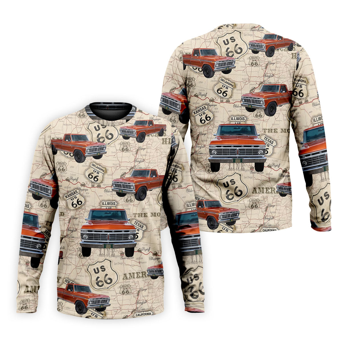 Custom Photo Truck Golf Shirt, Vintage Pickup Route 66 Map Pattern, Golf Shirt For Men
