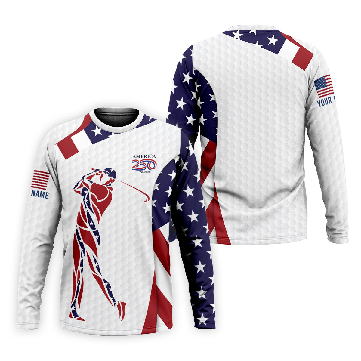 America 250 Golfer Pose Golf Ball Pattern 4th Of July Golf Shirt, Patriotic Golf Shirt, Golf Shirts For Men