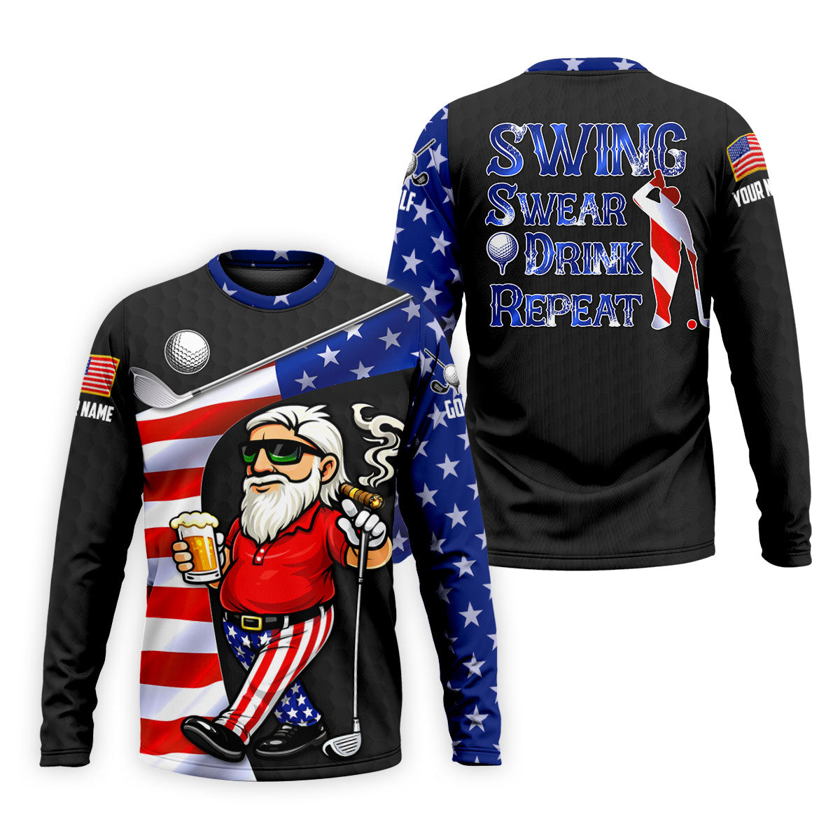 Swing Swear Drink Repeat Golf And Beer Patriotic Man 4th Of July Black Golf Shirt, 250 Years Golf Shirts For Men
