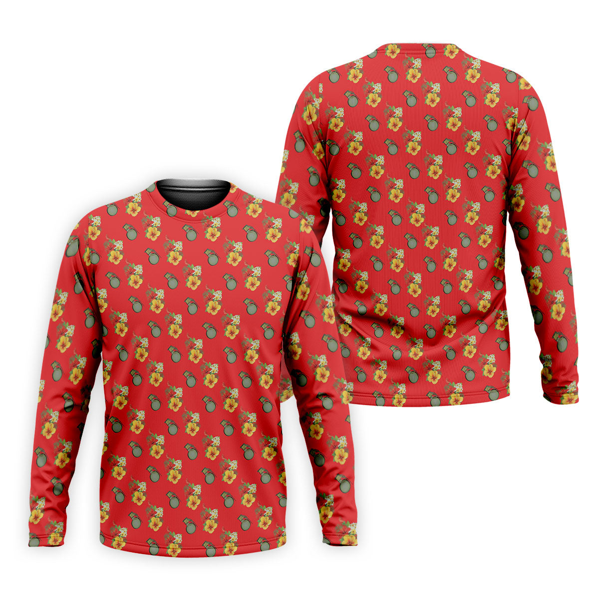 Hibiscus Flowers Green Grenades Seamless Pattern Red Golf Shirt, Golf Tops For Men, Golf Shirts For Men