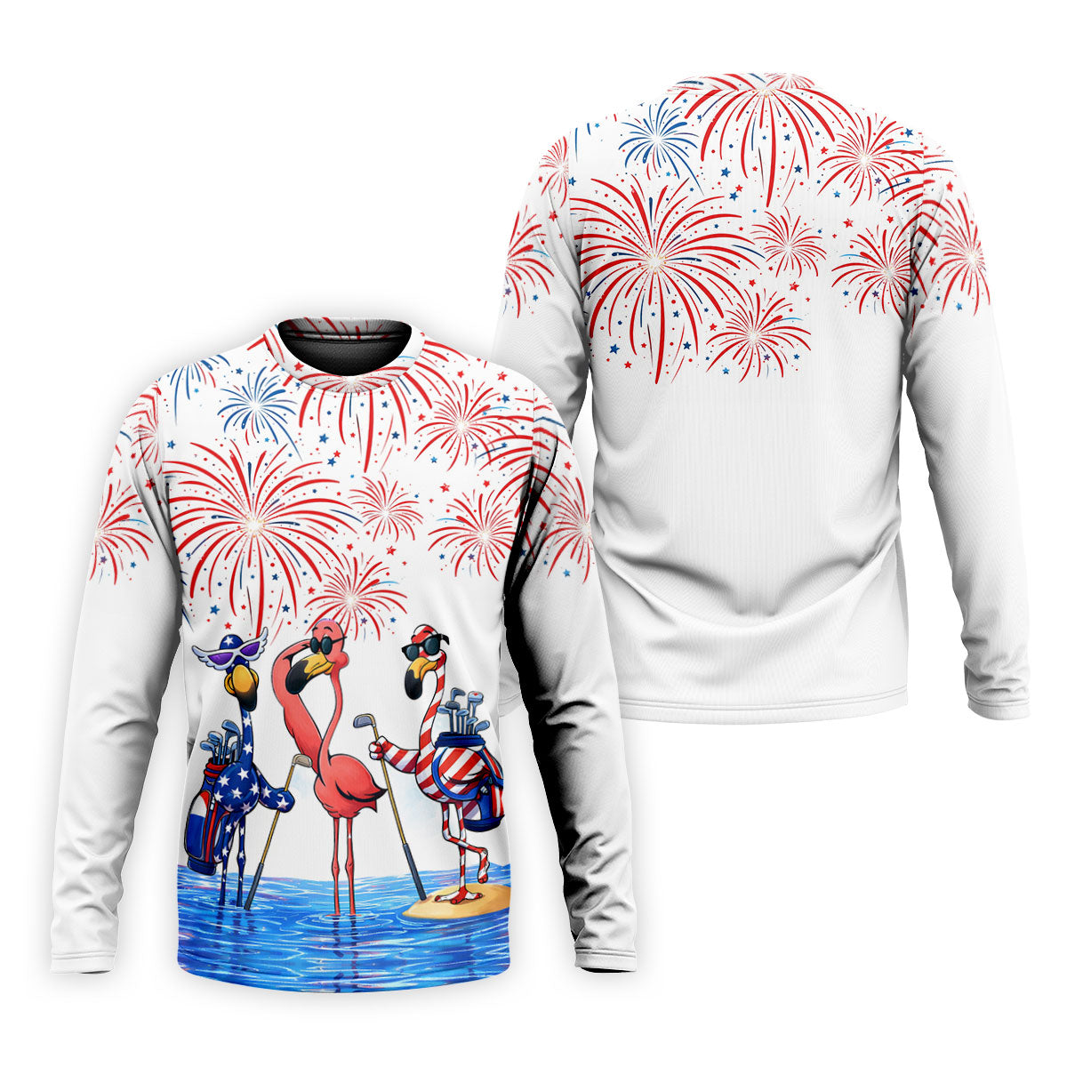 Funny Flamingo American Flag Pattern White Golf Shirt, 250th Anniversary Patriotic Golf Shirt, Golf Shirts For Men