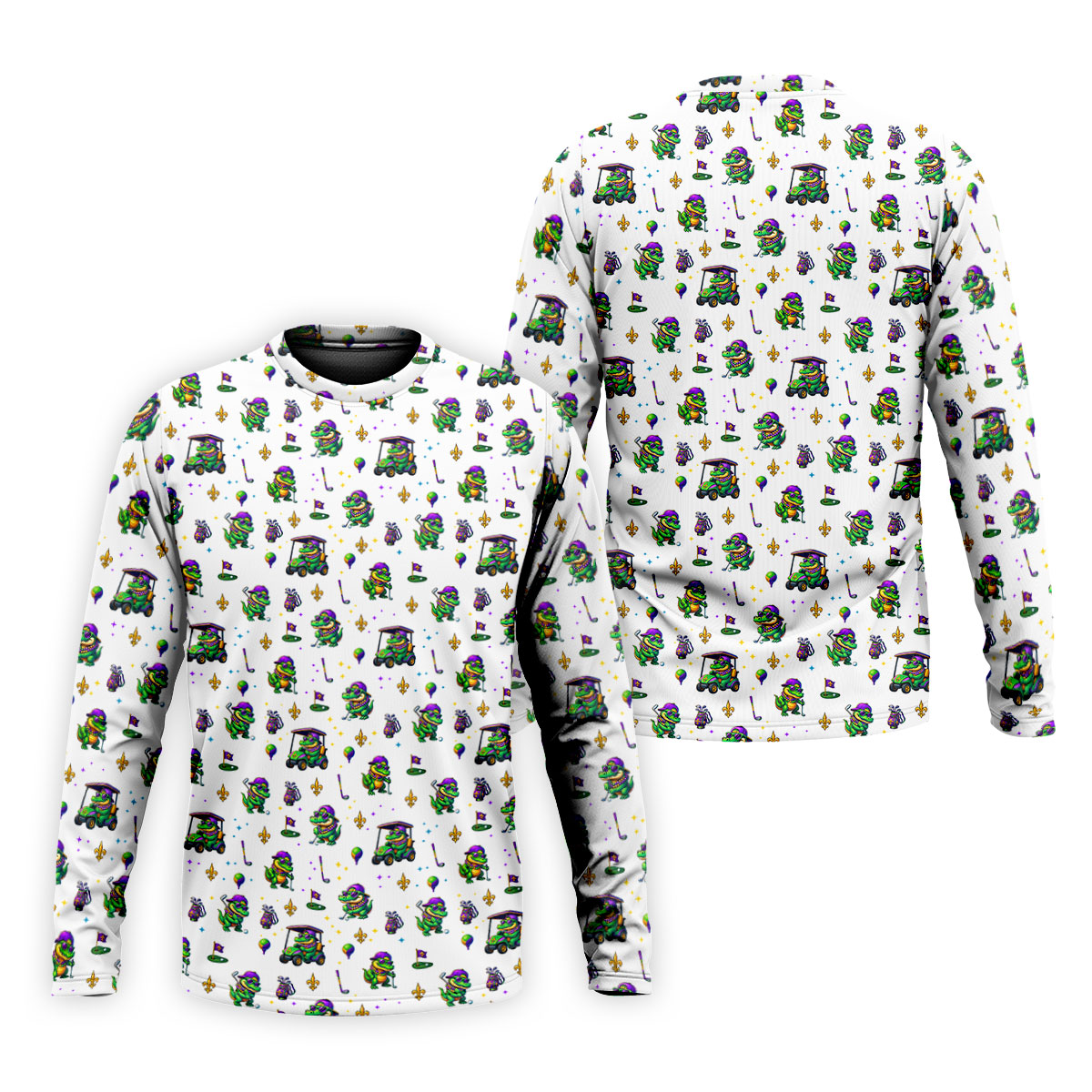 Funny Crocodile Golfing Mardi Gras Golf Shirts, White Golf Shirt, Golf Gift For Men, Golf Shirts For Men