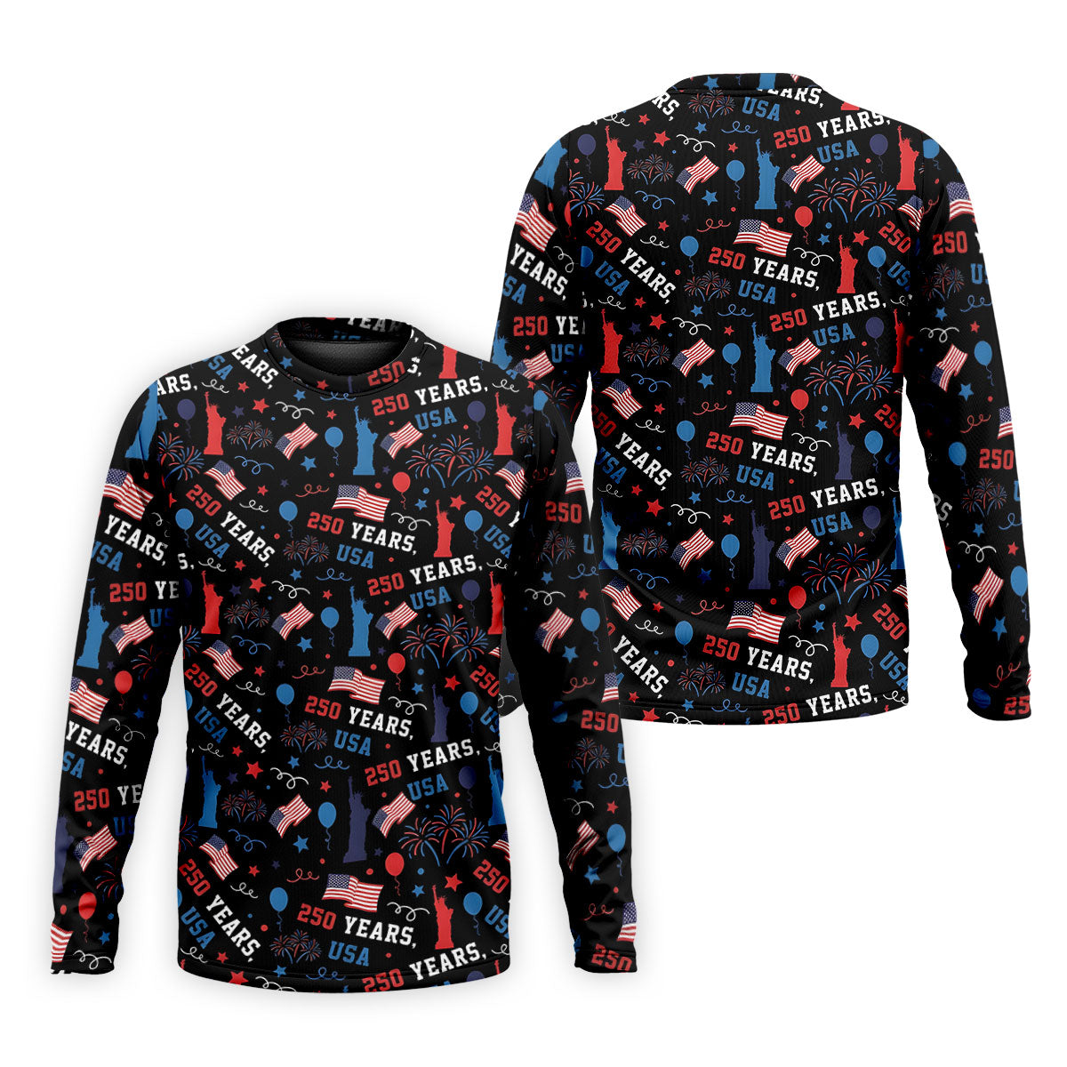 250 Years USA Red White Blue Seamless Pattern Black Golf Shirt, Patriotic 4th Of July Golf Shirts For Men