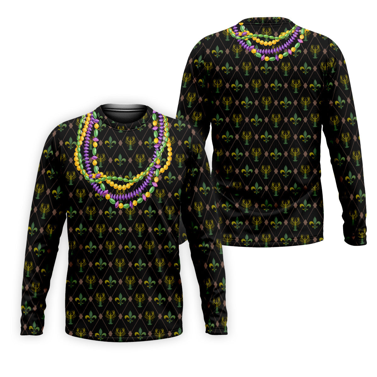 Mardi Gras Purple Green Gold Beads Chain Fleur De Lis Argyle Pattern Black Golf Shirt, Men's Golf Polo Shirts