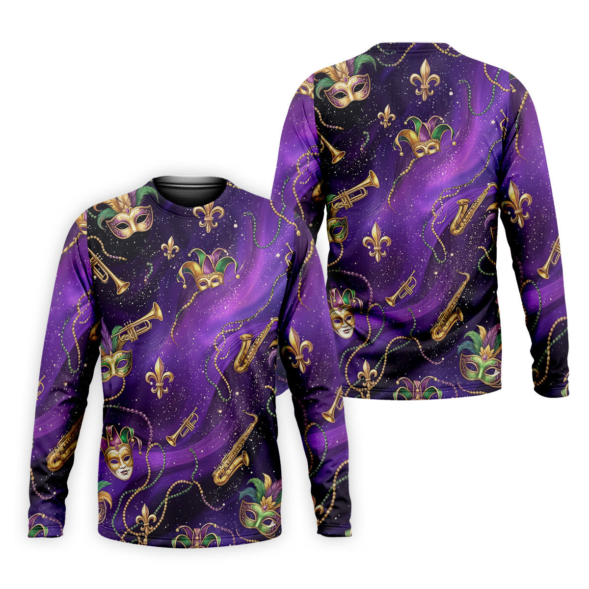 Golden Fleur De Lis Trumpet And Saxophone Mardi Gras Masquerade Mask Purple Golf Shirt, Golf Shirts For Men