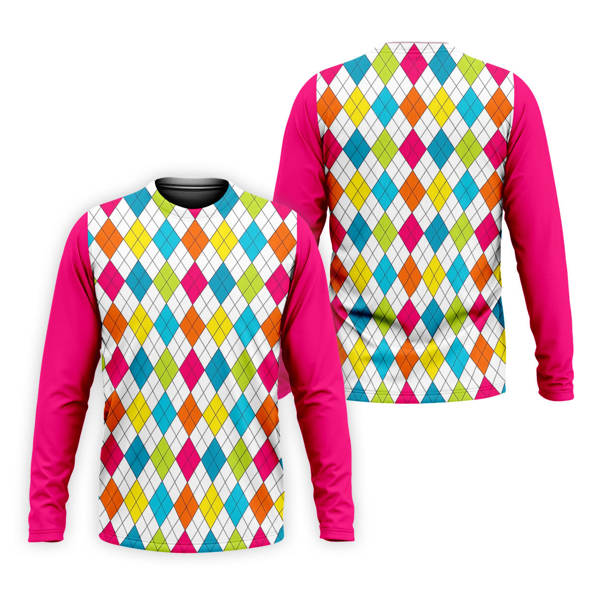 Pink Sleeve Colorful Argyle Plaid Golf Shirt, Mens Golf Polo, Printed Golf Shirts