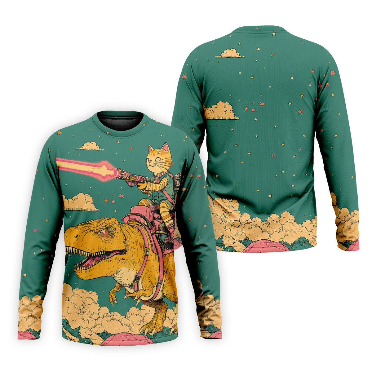 Laser Cat Dinosaur Golf Shirt, Retro Sci Fi T Rex Adventure Pattern, Golf Shirt For Men