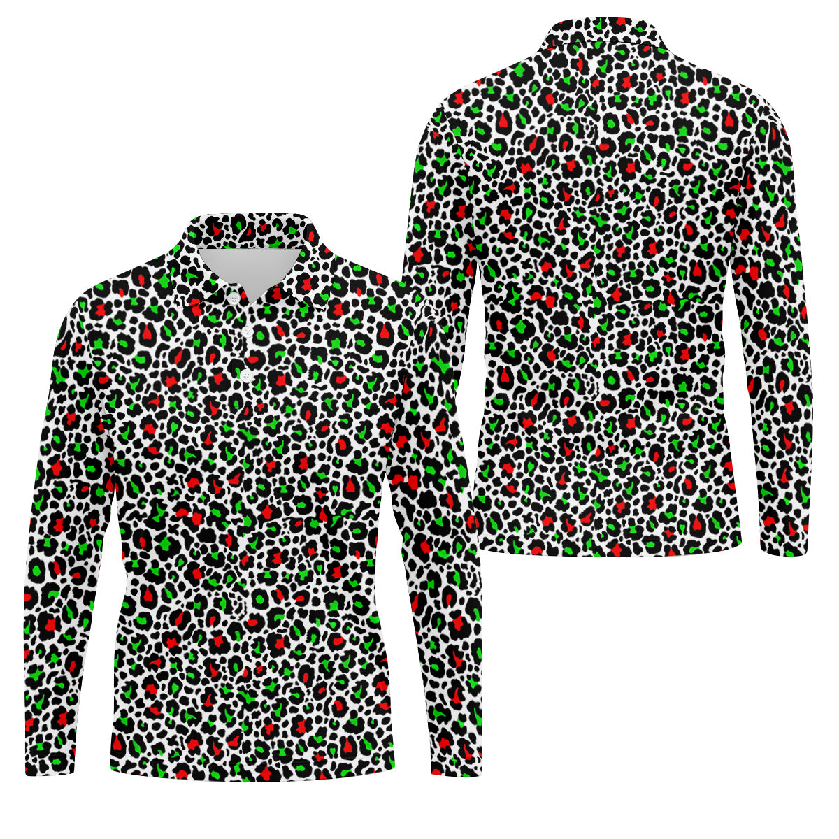 Leopard Pattern Xmas Pine Tree Green And Red Golf Tops For Men, Christmas Golf Shirt, Polo Shirt Men