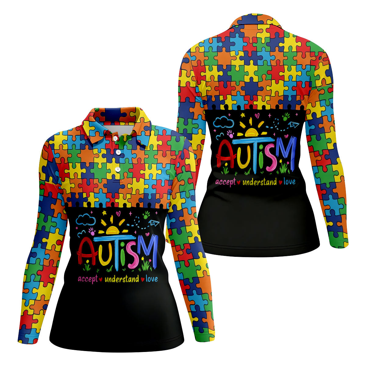 Awareness Accept Understand Love Colorful Puzzle Golf Shirt, Ladies Golf Shirts, Ladies Golf Polos