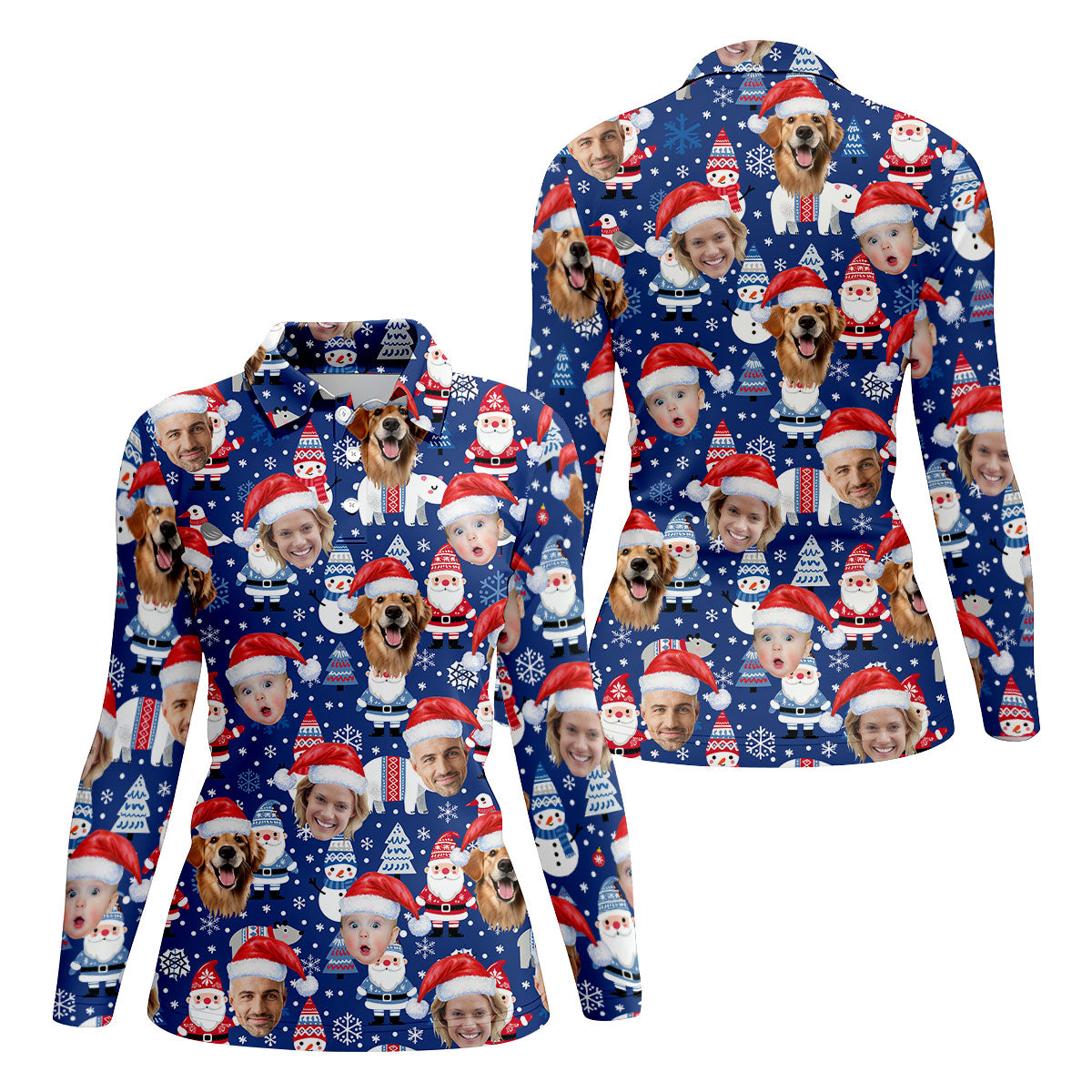 Custom Face Christmas Gnome Pattern Blue Golf Shirt, Christmas Golf Shirt, Women's Golf Tops, Ladies Golf Polos
