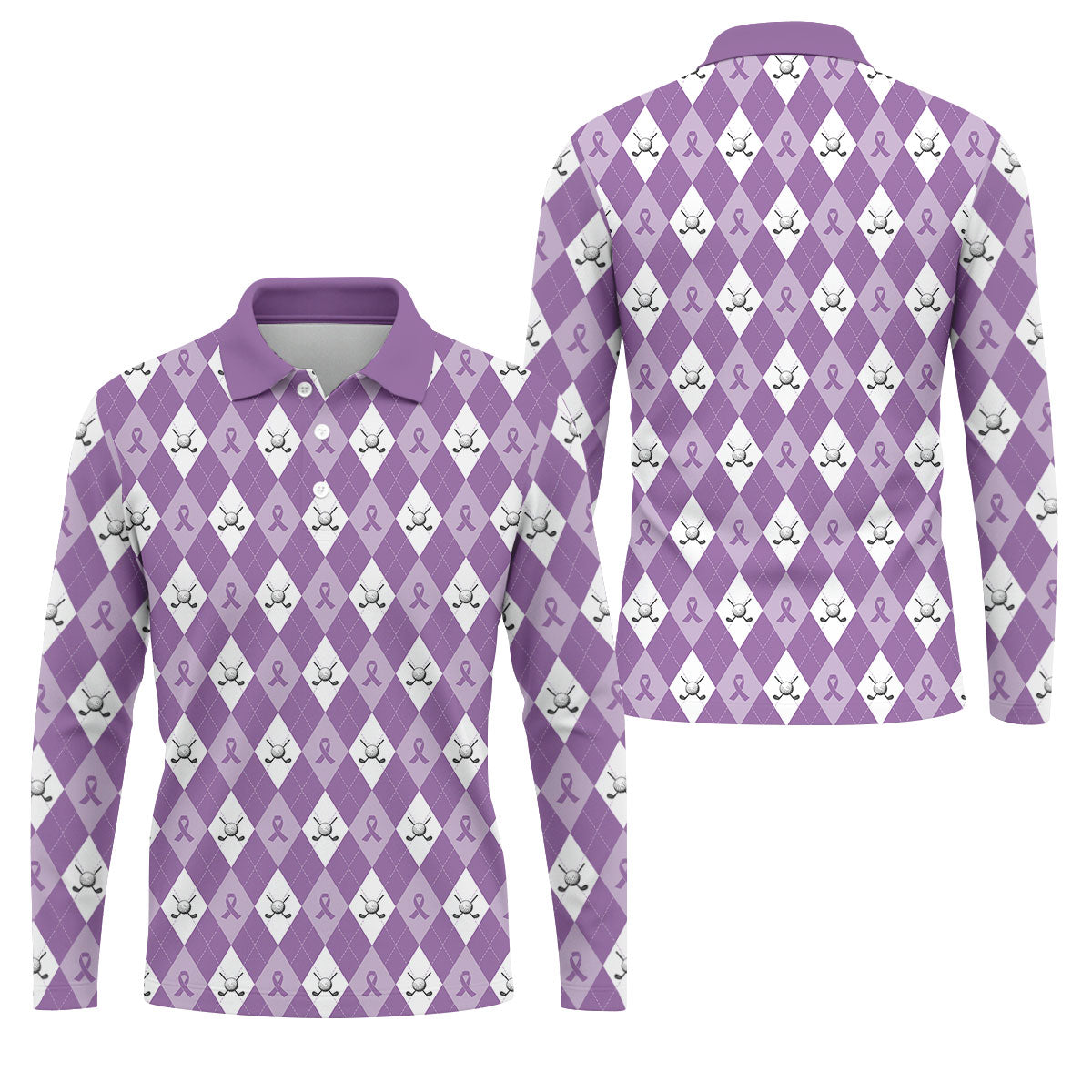 Pancreatic Cancer Purple And White Argyle Pattern Golf Tops For Men, Cancer Awareness Shirt