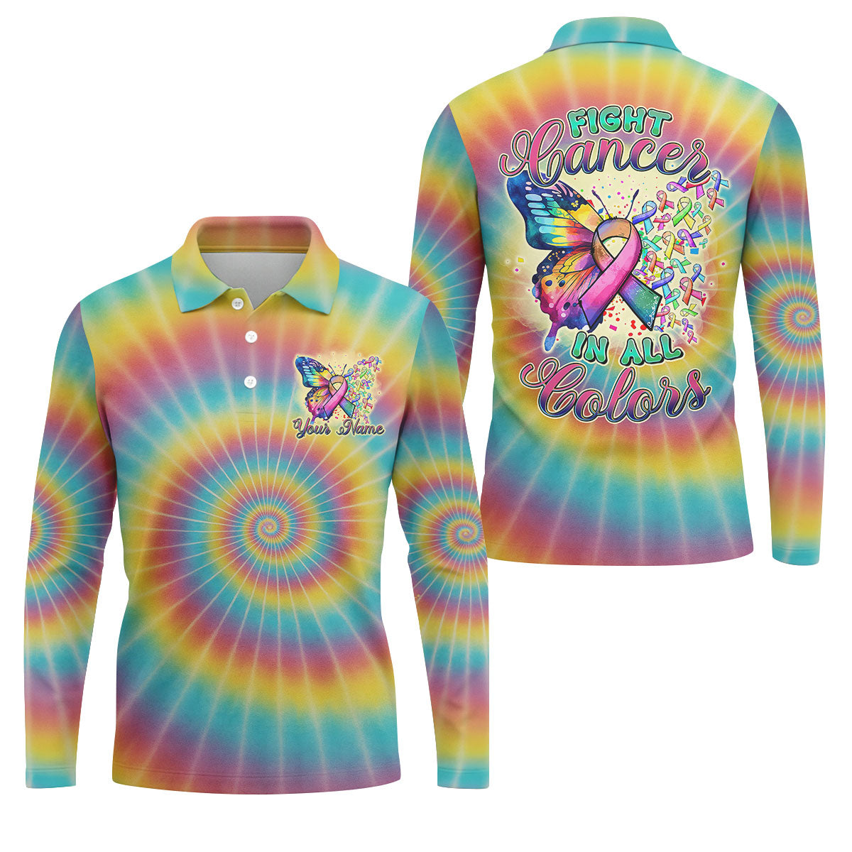 Fight Cancer In All Colors Tie Dye Print Golf Tops For Men, Cancer Awareness Shirt, Golf Shirts For Men
