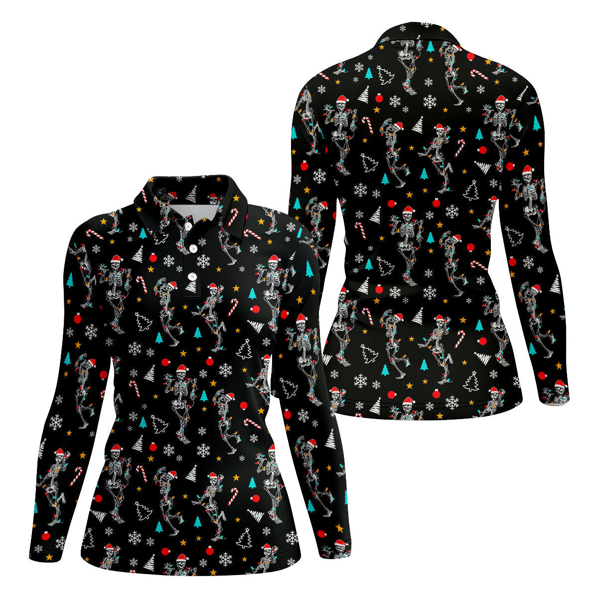 Skeleton Christmas Fun Women's Golf Shirts, Christmas Golf Shirt, Ladies Golf Polos, Cool Golf Gift