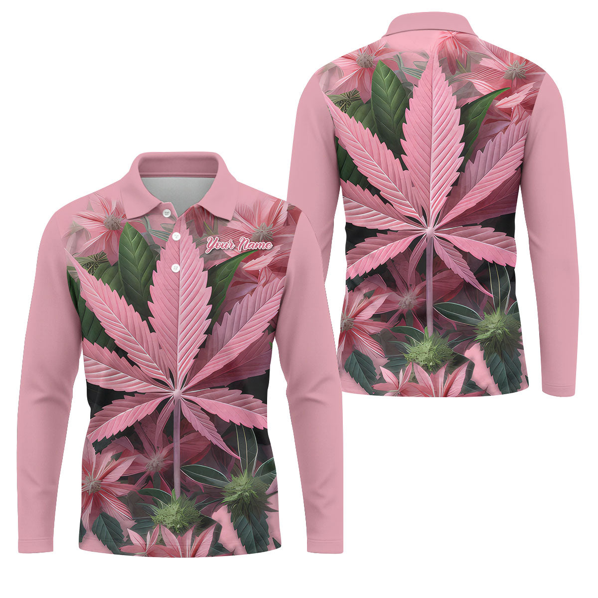 Pink Marijuana Leaf Men's Golf Shirt, Funny Weed Golf Shirt, Custom Mens Golf Shirt
