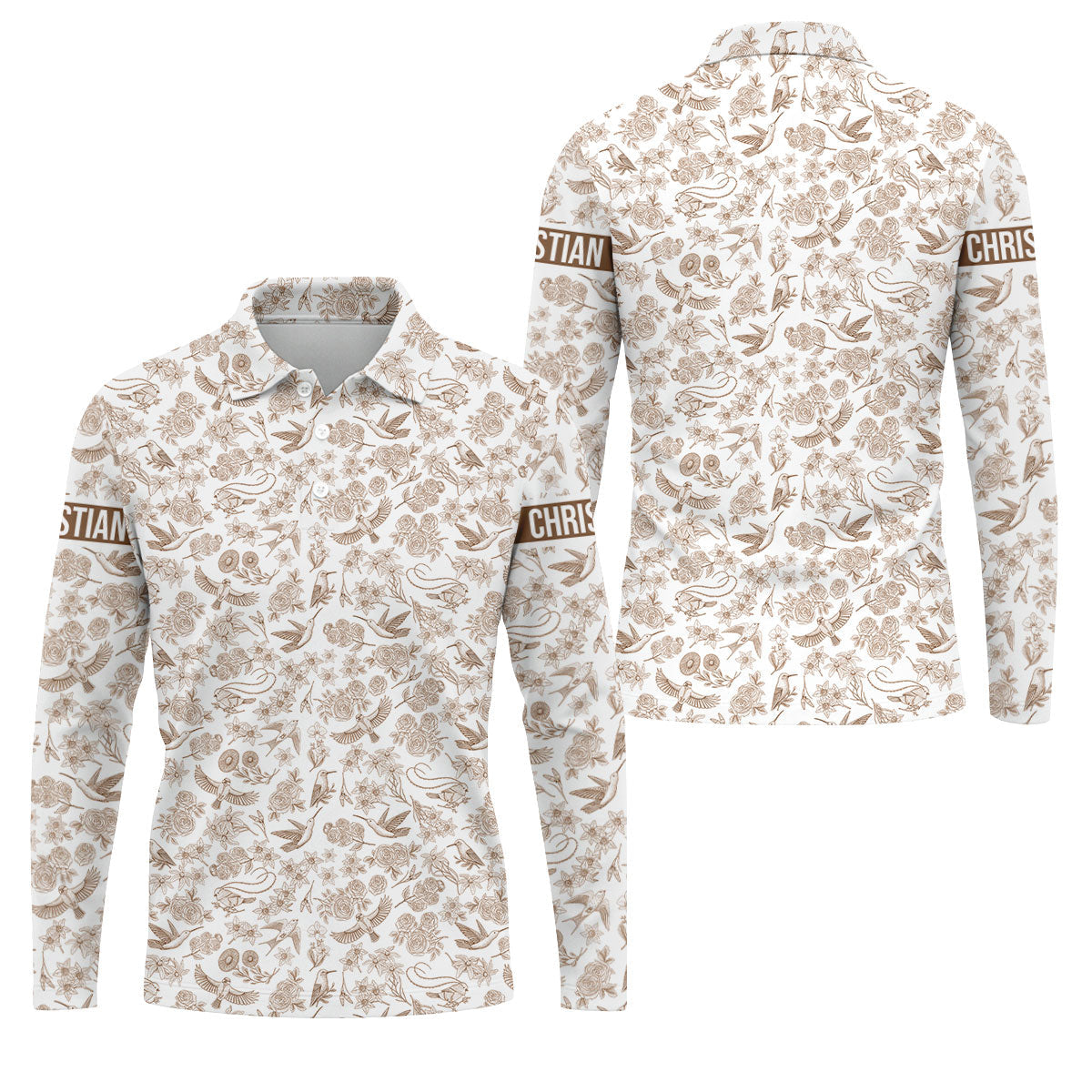Custom Name Toile de Jouy Birds And Flowers Brown Golf Shirt, Polo ShirtFor Men, Golf Gift For Men