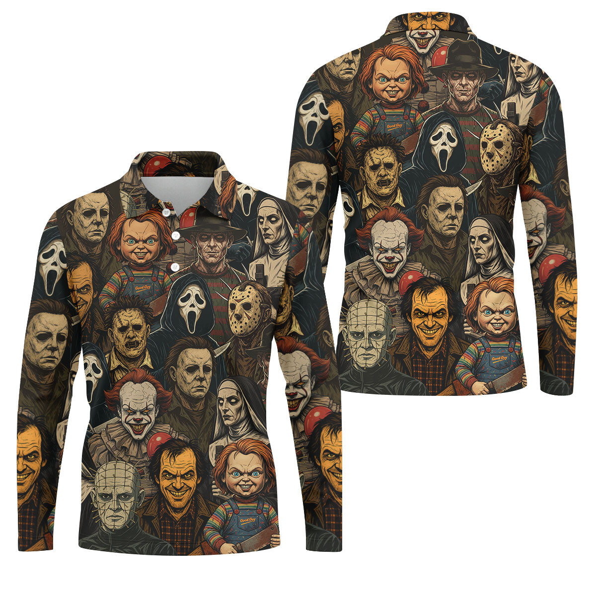Horror Halloween Character Halloween Men's Polo Shirt Horror Movie Shirt, Mens Golf Shirts, Halloween Golf Shirt