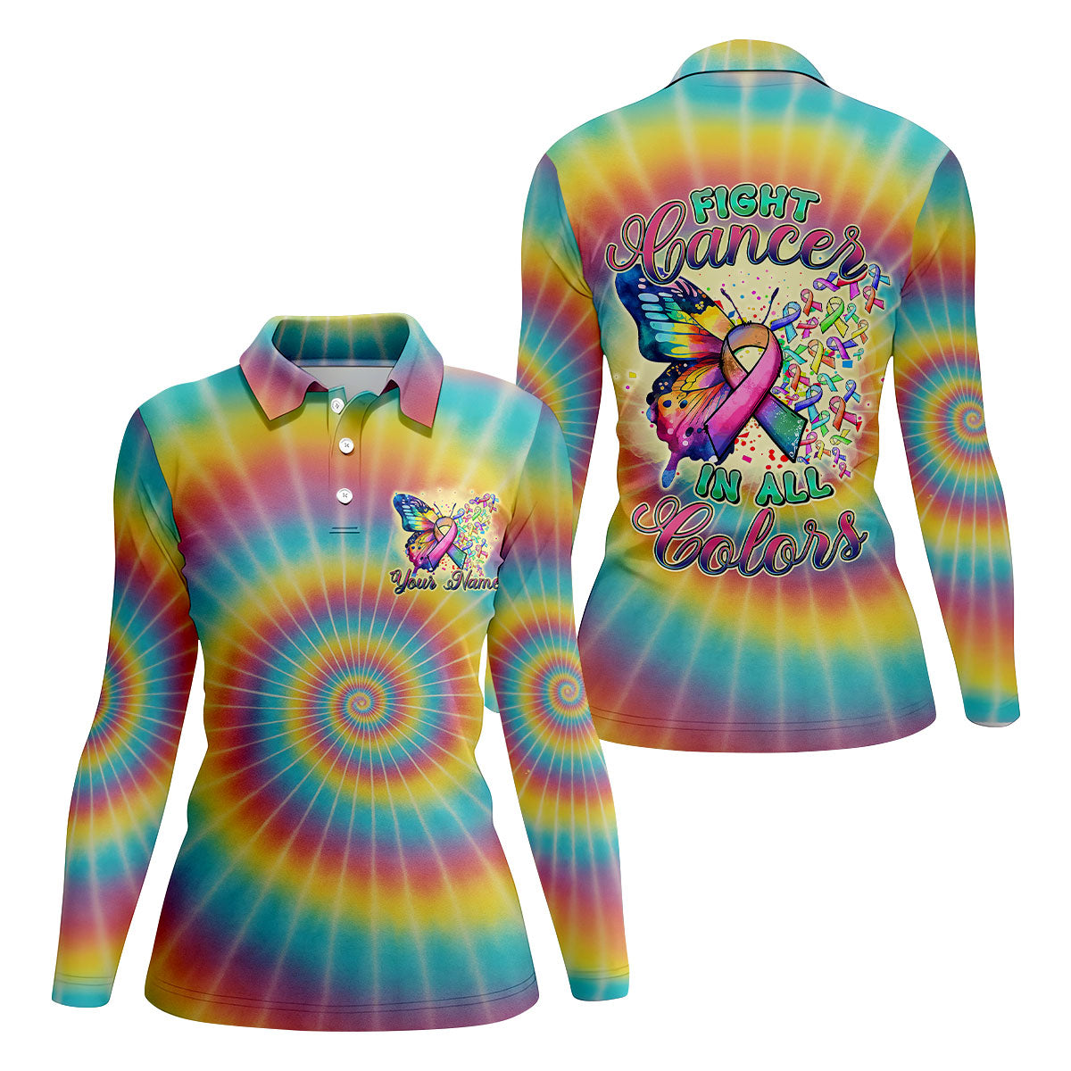 Fight Cancer In All Colors Tie Dye Print Women's Golf Shirts, Cancer Awareness Shirt, Ladies Golf Polos