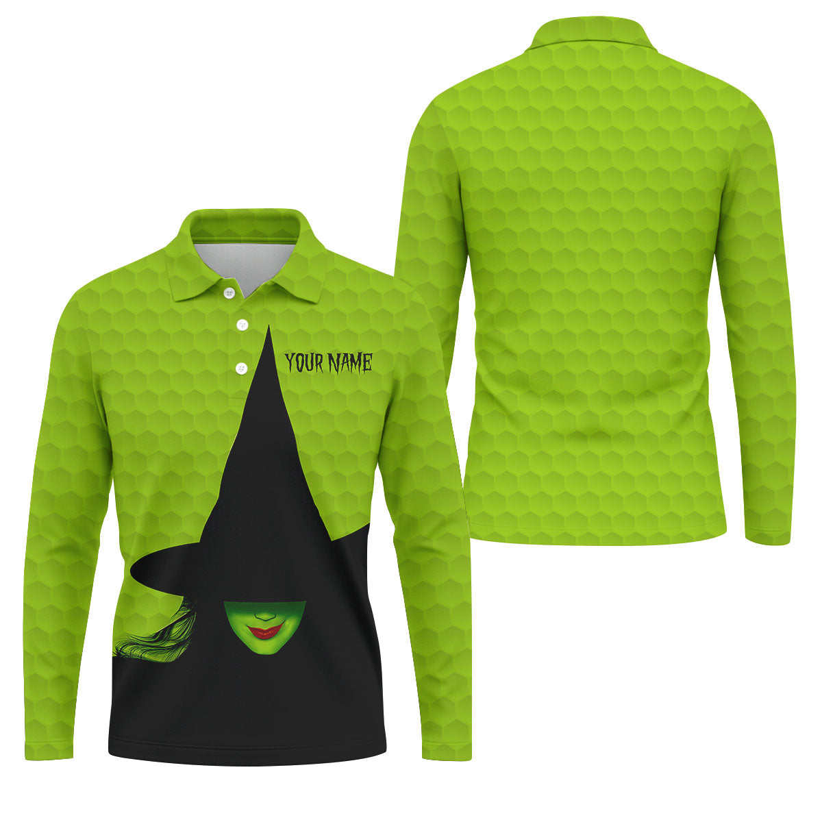 The Green Witch Golf Ball Pattern Golf Tops For Men, Spooky Vibe Men's Funny Golf Shirts, Halloween Golf Shirt