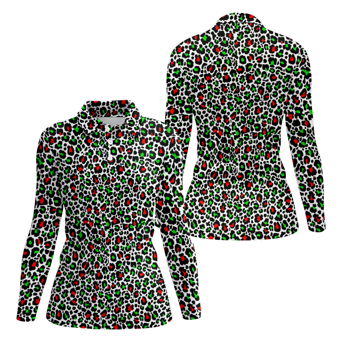 Leopard Pattern Xmas Pine Tree Green And Red Women's Golf Tops, Christmas Golf Shirt, Ladies Golf Shirts