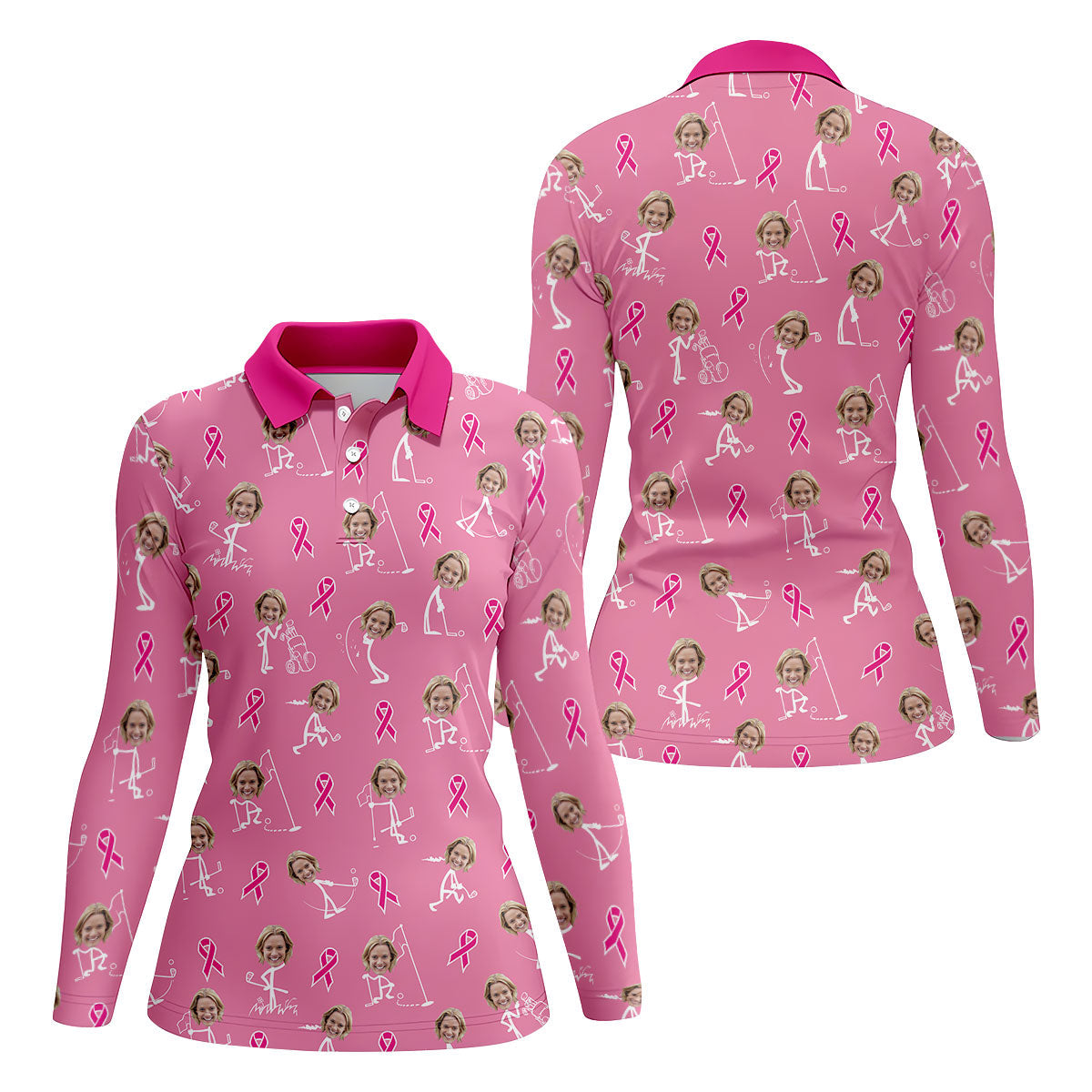 Funny Stick Figure Women's Golf Shirt, Custom Face Shirt, Breast Cancer Awareness Shirt, Pink Golf Shirt