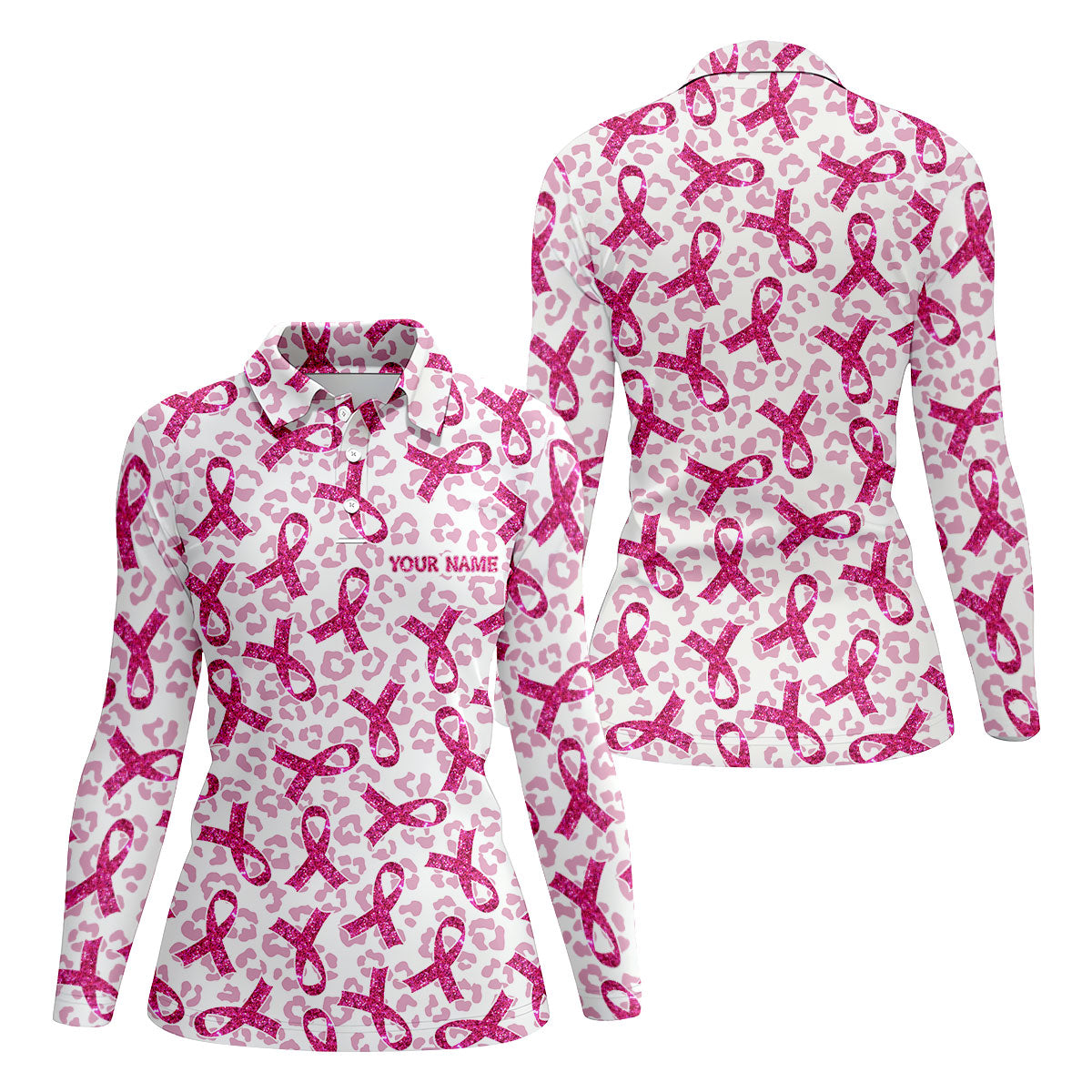 Breast Cancer Pink Ribbon Leopard Pattern Women's Golf Tops, Cancer Awareness Shirt, Ladies Golf Shirts