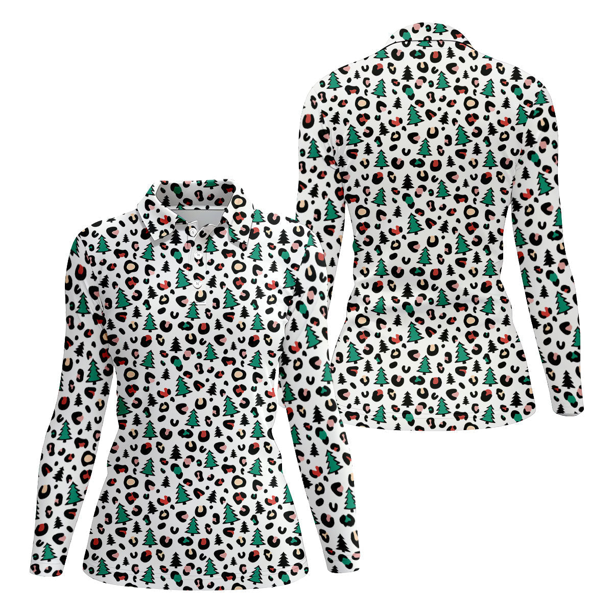 Leopard Pattern Xmas Pine Tree Women's Golf Shirts, Christmas Golf Shirt, Cute Golf Outfit, Ladies Golf Polos