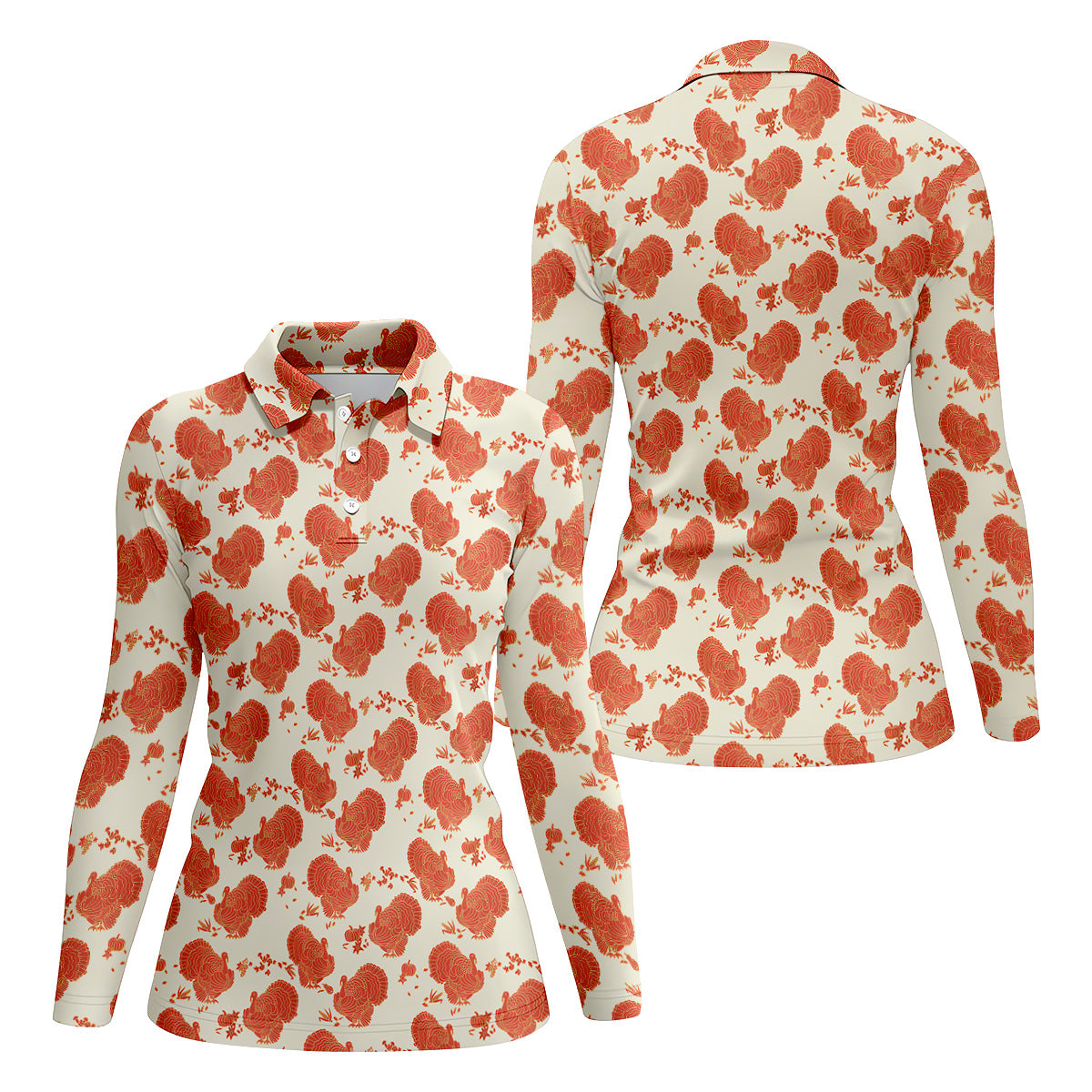 Turkey Pattern Beige And Orange Women's Golf Tops, Ladies Golf Polos, Thanksgiving Gift