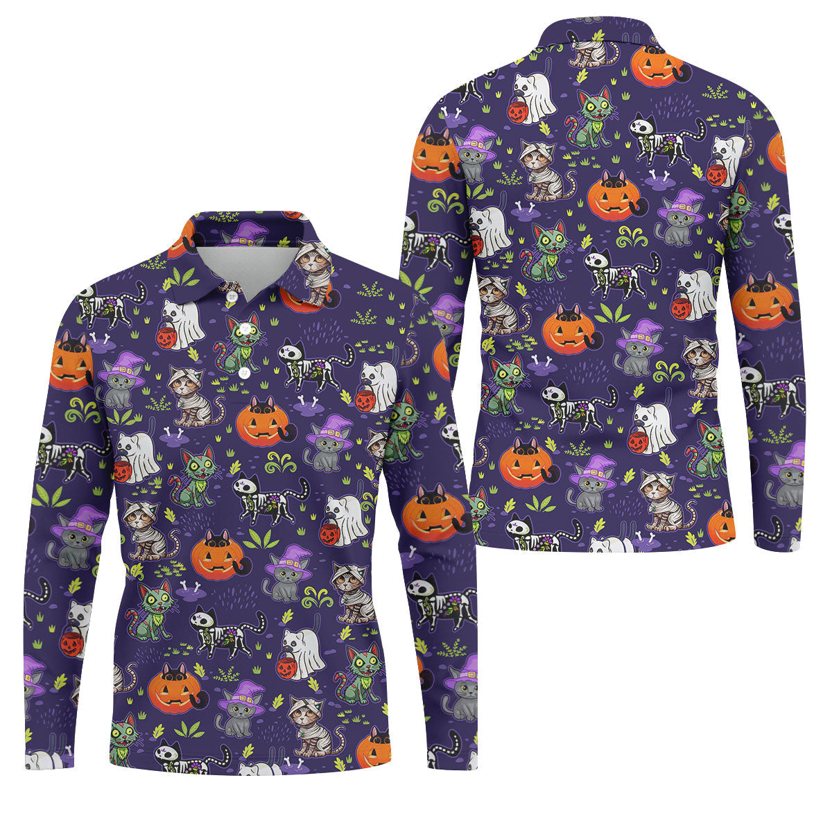 Purple Halloween Cats And Pumpkin Fun Men's Golf Polos, Cute Golf Outfit, Polo ShirtFor Men