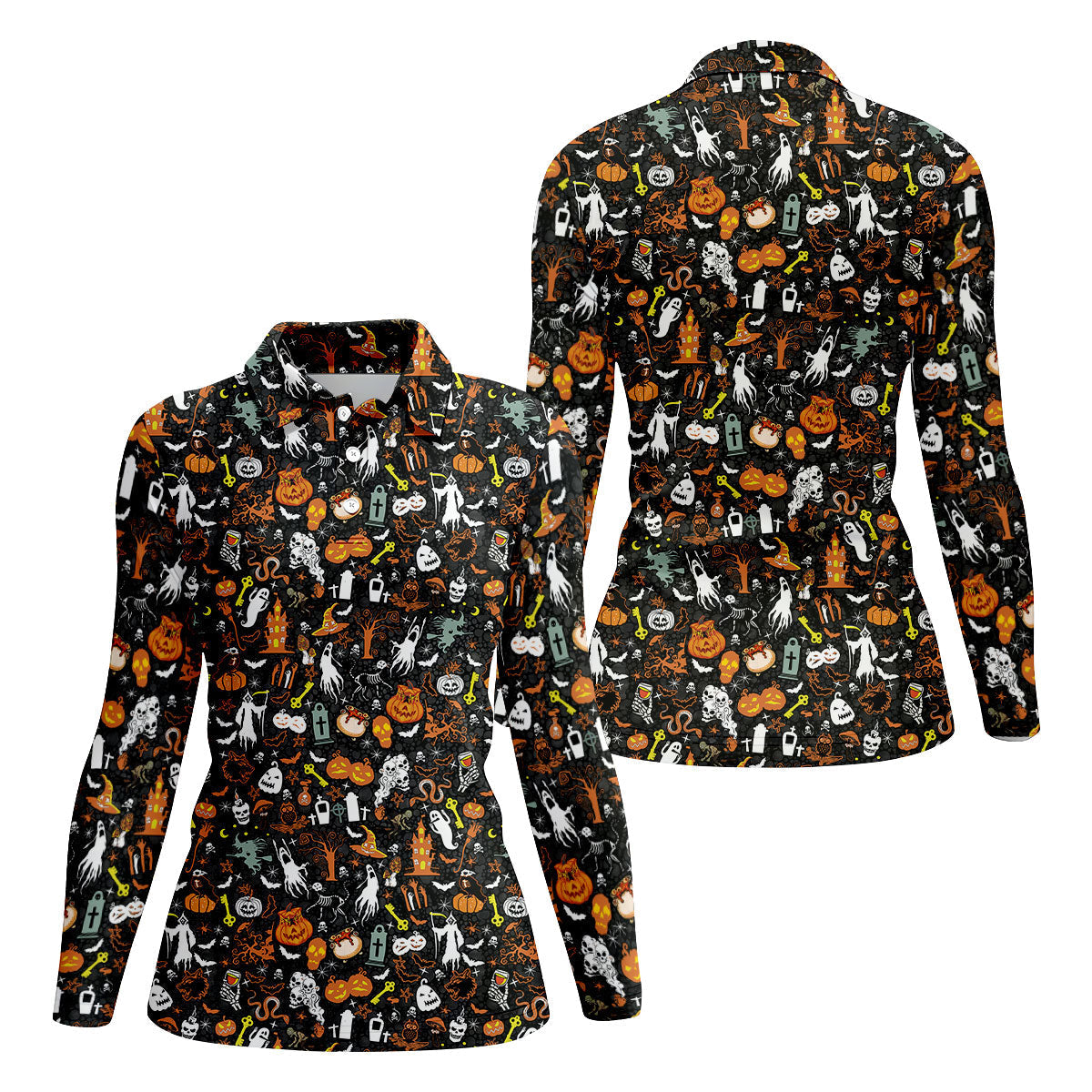 Trick or Treat Spooky Ghost Pumpkin Women's Golf Shirt, Halloween Golf Shirt, Fun Golf Shirts For Women
