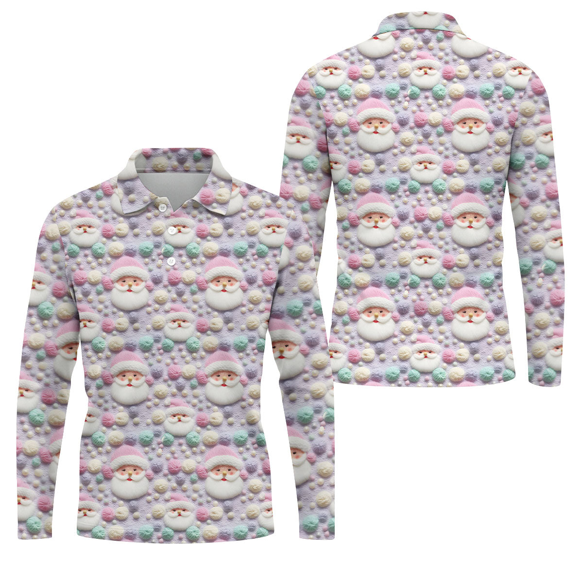 Knit Santa Pastel Pattern Golf Tops For Men, Christmas Golf Shirt, Cute Golf Outfit, Golf Shirts For Men