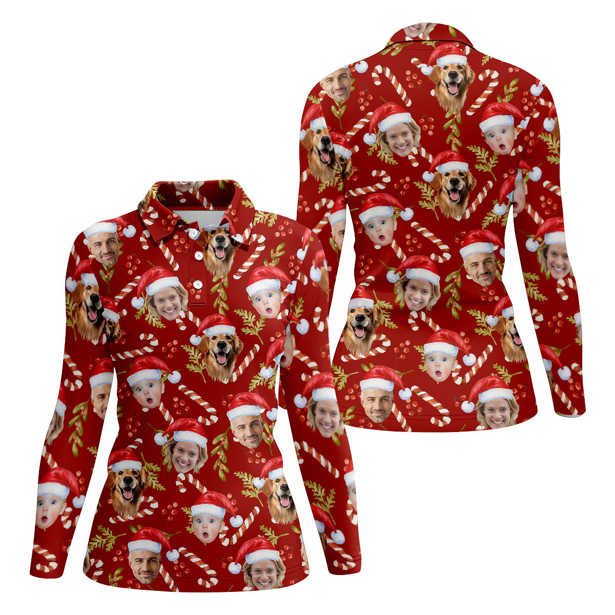 Custom Face Candy Cane And Holy Christmas Red Golf Shirt, Christmas Golf Shirt, Women's Golf Tops