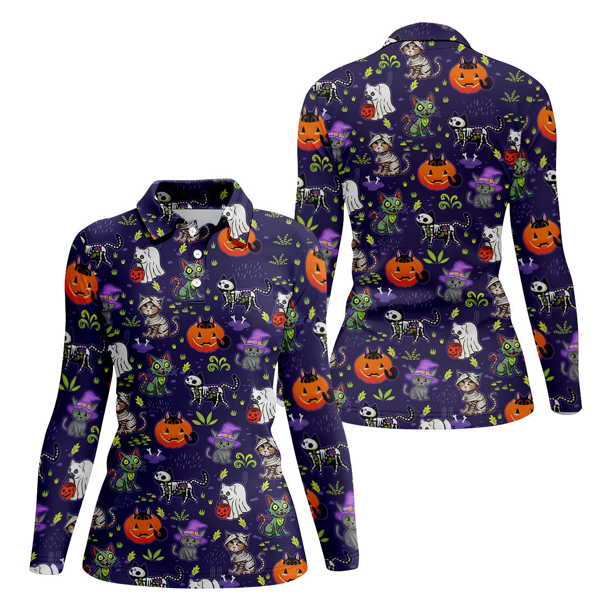 Purple Halloween Cats And Pumpkin Fun Women's Golf Shirts, Cute Golf Outfit, Ladies Golf Shirts