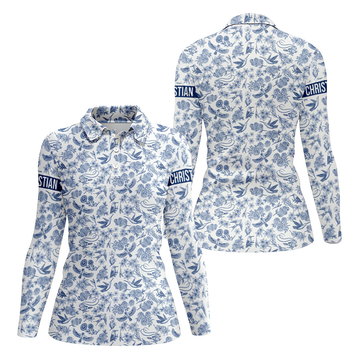 Custom Name Toile de Jouy Birds And Flowers Blue Golf Shirt, Women Golf Top, Ladies Golf Polos