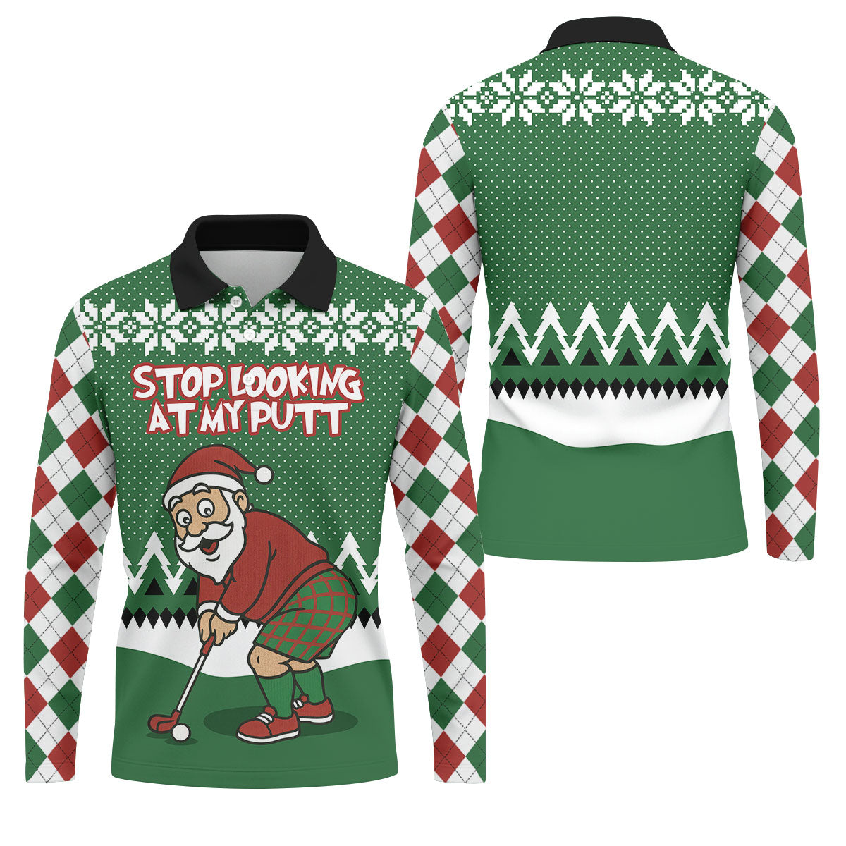 Stop Looking At My Putt Funny Santa Claus Argyle Golf Shirt, Christmas Golf Shirt, Polo ShirtFor Men