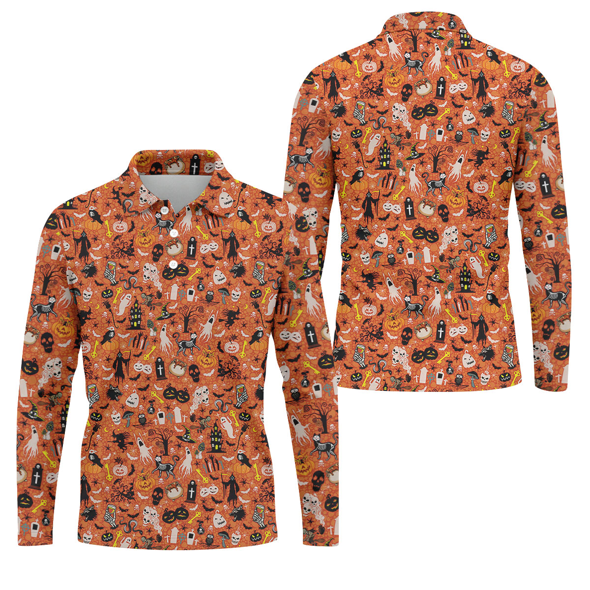 Halloween Skull Witch Cat Orange Golf Shirt, Funny Halloween Polo ShirtFor Men, Golf Gift For Men