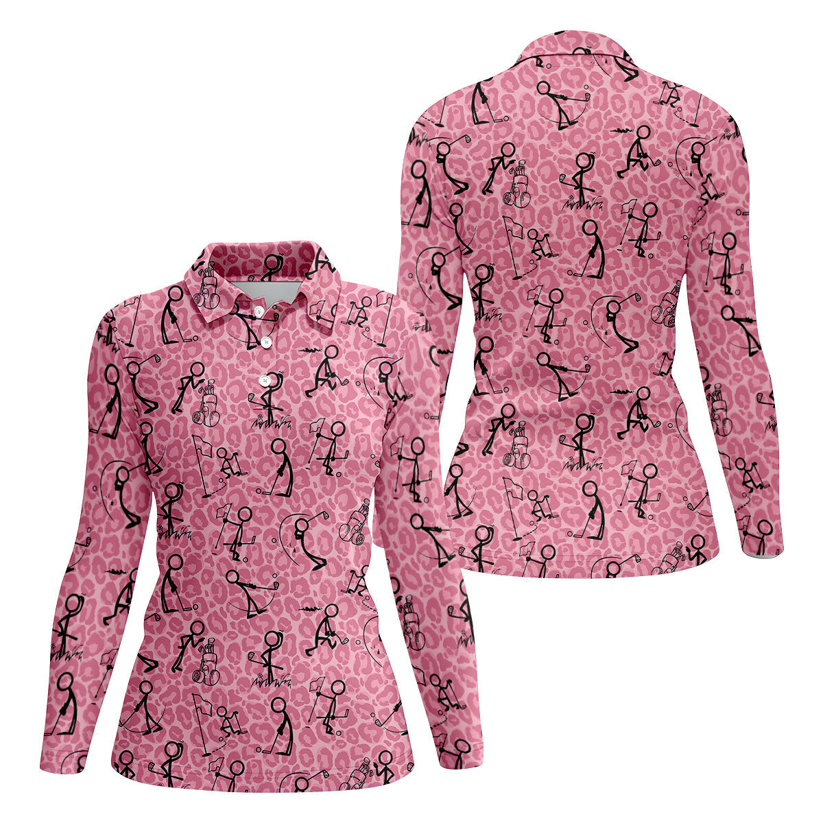 Golf Stick Man Pink Leopard Print Women Golf Top, Unique Gift For Golfer, Ladies Golf Polos