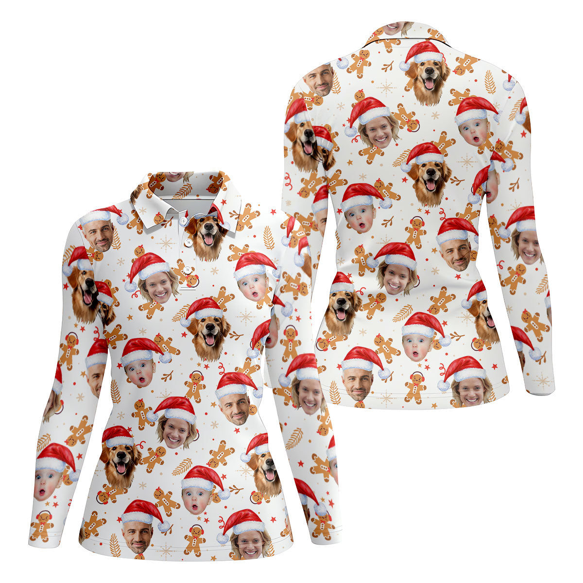 Custom Face Christmas Gingerbread White Golf Shirt, Christmas Golf Shirt, Women's Golf Tops, Golf Gift For Ladies
