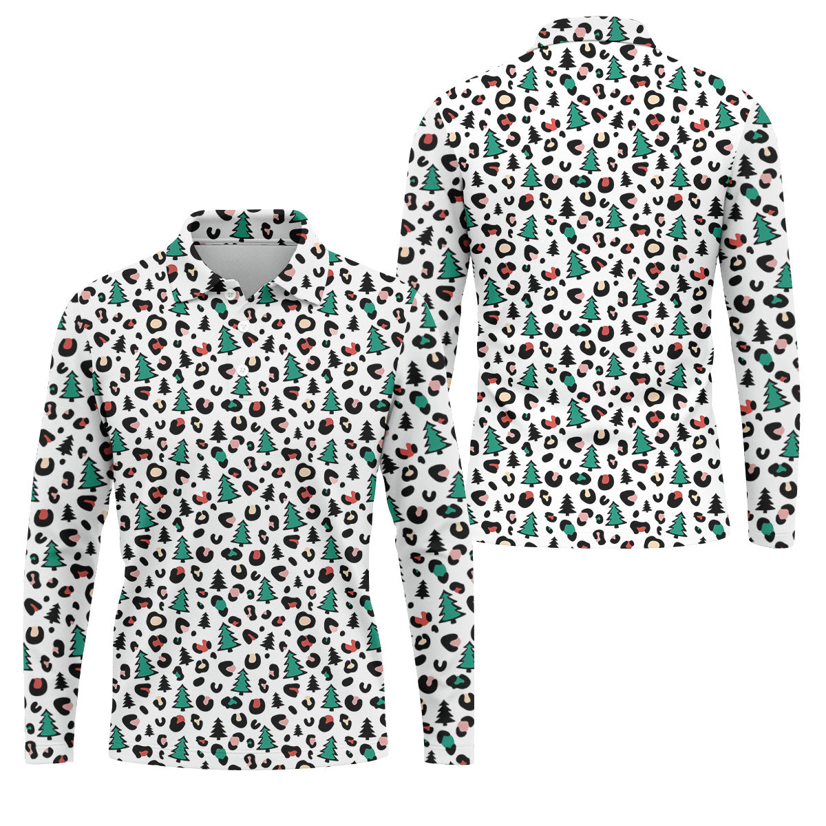 Leopard Pattern Xmas Pine Tree Golf Tops For Men, Christmas Golf Shirt, Cute Golf Outfit, Polo ShirtFor Men