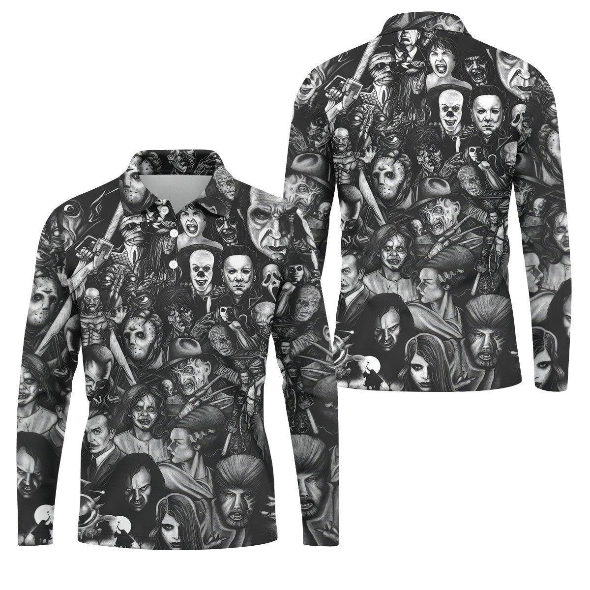 Classic Horror Characters Black And White Golf Polo, Dark Vibe Polo ShirtFor Men, Halloween Golf Shirt
